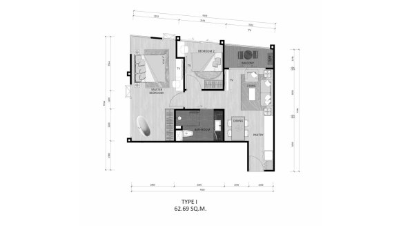 Condominium floor plan, 1 bedroom in The Sea Heaven No. 11024 (2D)